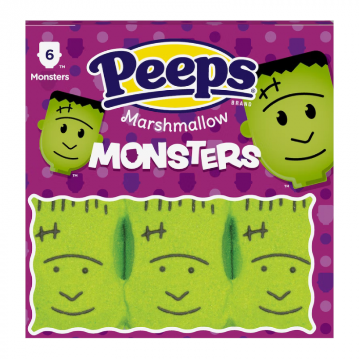 Front of Peeps Monsters packaging showing colourful marshmallow monsters on a purple background, 85g pack