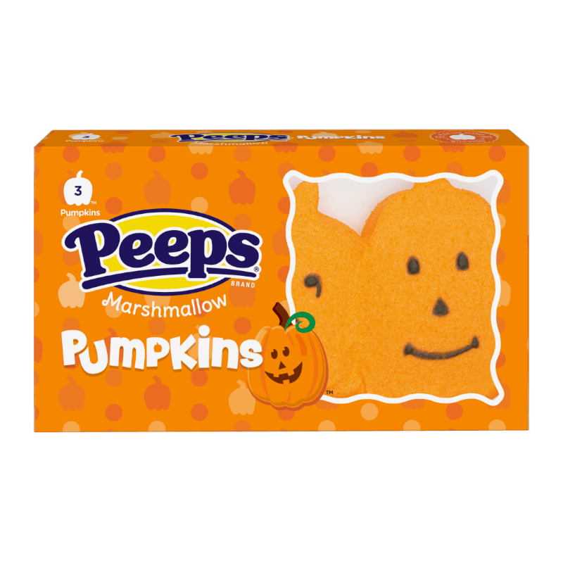Front of Peeps Pumpkins packaging showing the orange box with the logo, three marshmallow pumpkin treats, and a festive jack-o'-lantern design (42g pack)