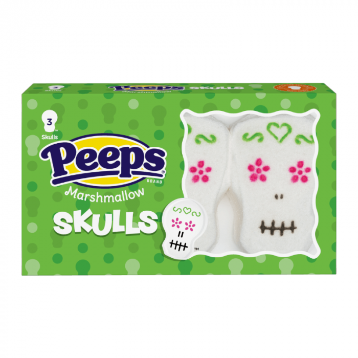 Front of Peeps Skulls package showing colourful logo, marshmallow skulls design, with three treats in a green box (42g pack)