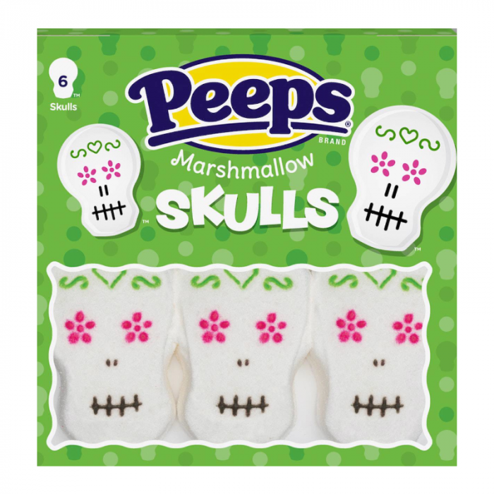 Front of Peeps Skulls package showing the playful skull design, brand logo, and vibrant green background (85g pack)