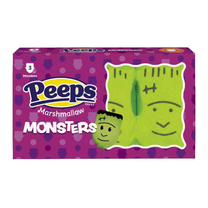 Front of Peeps Monsters packaging showing bright green marshmallow monsters, purple background with the Peeps logo and 42g size indicator.