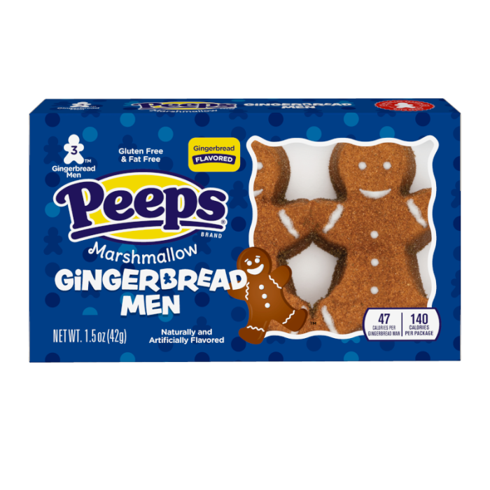 Front of Peeps Gingerbread (42g) pack showing the brand logo, gingerbread flavour label, and marshmallow gingerbread figures inside the packaging.