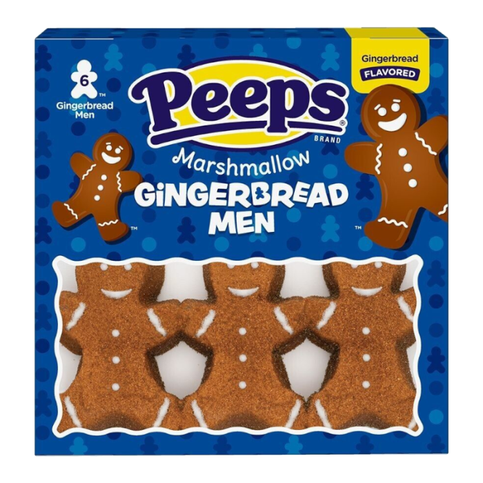 Front of Peeps Gingerbread pack showcasing the Peeps logo, marshmallow gingerbread men, and festive design (85g pack)