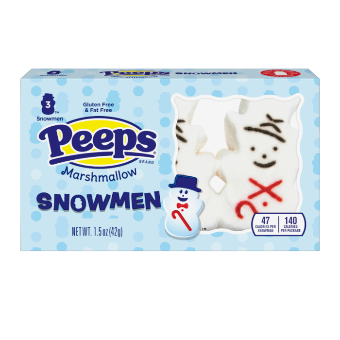 Front of Peeps Snowmen package showing brand logo, three marshmallow snowmen, and pack size (42g)