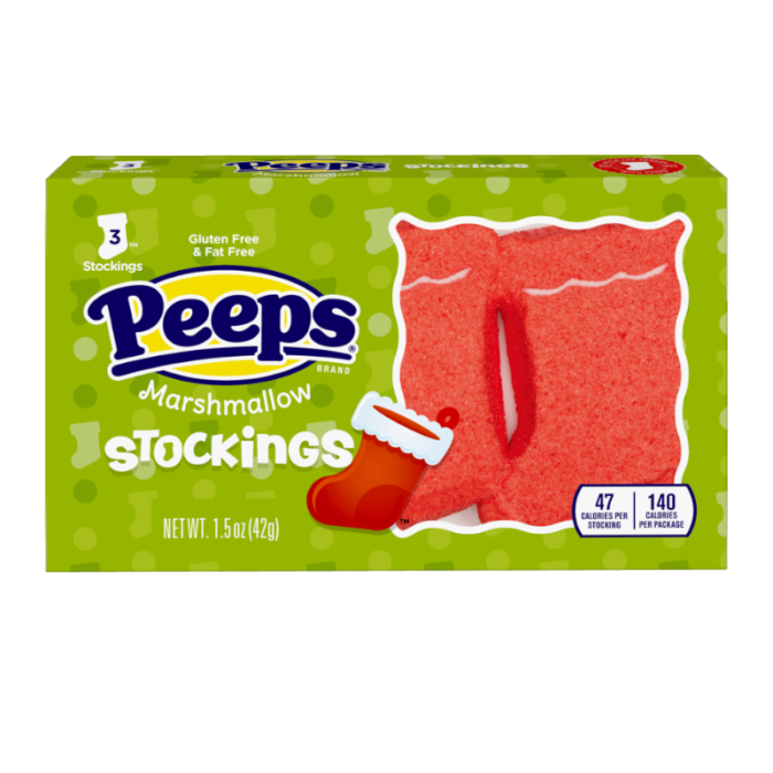 Front of Peeps Stockings package showing the brand logo, red marshmallow stockings, and a festive design (42g pack)
