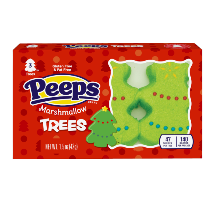 Front of Peeps Trees package showing the Peeps logo, marshmallow trees, and festive design (42g pack)