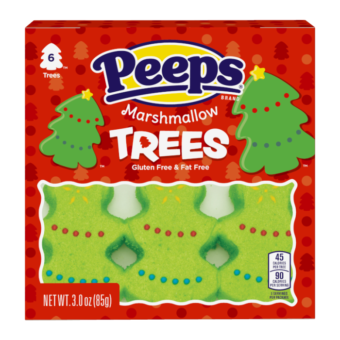 Front of Peeps Trees packaging featuring green marshmallow tree shapes, brand logo, and gluten-free label (85g pack)