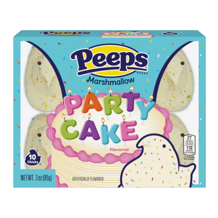Front of Peeps Party Cake Marshmallow Chicks box showing colourful logo, party cake design, and 10 marshmallow chicks (85g pack)