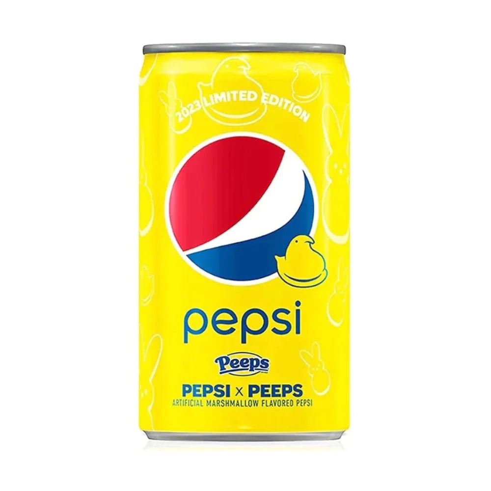 Front of a can of Pepsi Peeps Limited Edition showing logo, yellow background, and marshmallow flavour graphics (220ml pack)