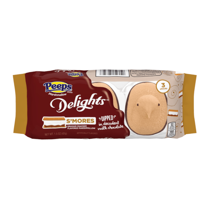 Front of Peeps S'Mores Milk Chocolate Dipped Delights Chicks pack showing logo, chocolate dipped marshmallow chicks, and graham cracker flavour details (42g)