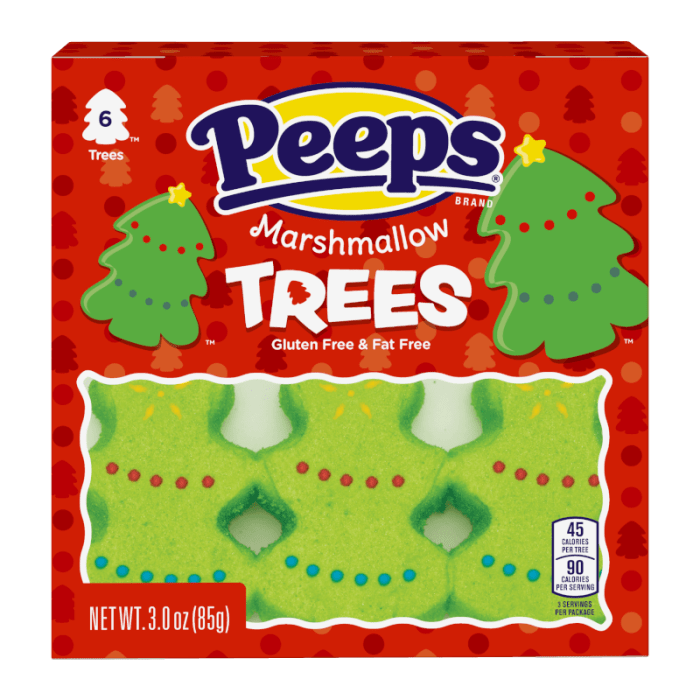 Front of Peeps Trees packaging featuring green marshmallow tree shapes, brand logo, and gluten-free label (85g pack)