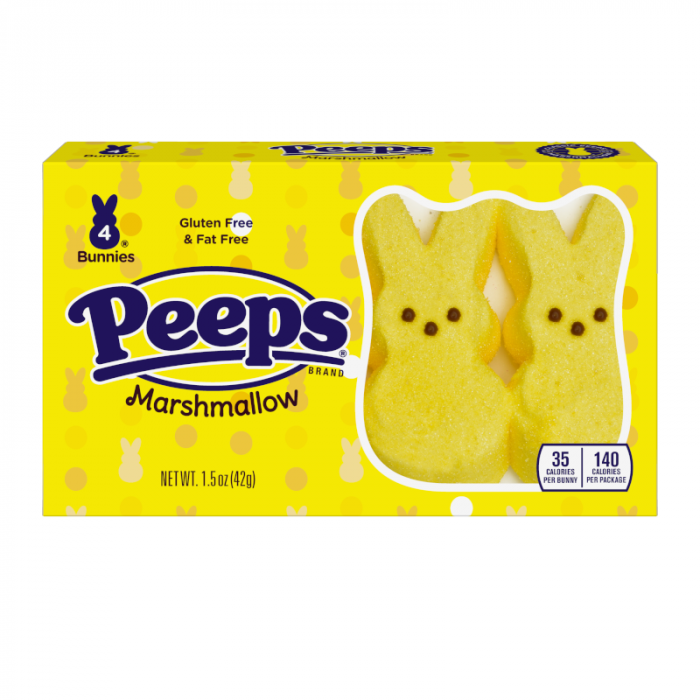 Front of Peeps Yellow Bunnies box showing the Peeps logo, marshmallow bunnies, and packaging details (42g pack)