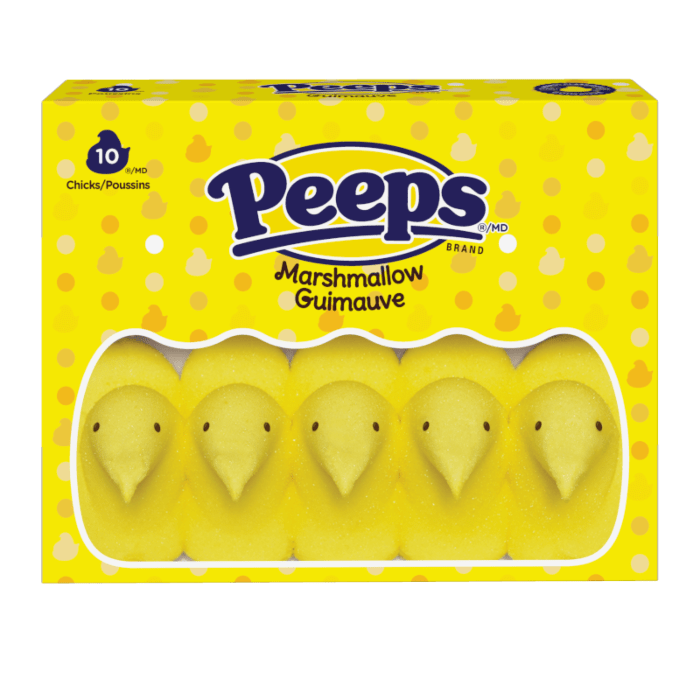 Front of Peeps Yellow Marshmallow Peeps box showing logo, fun yellow marshmallow chicks, and pack size (85g)