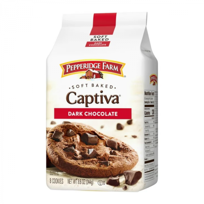 Front of Pepperidge Farm Captiva Dark Chocolate Soft Baked Cookies packaging showing logo, dark chocolate cookie, and 244g pack size.