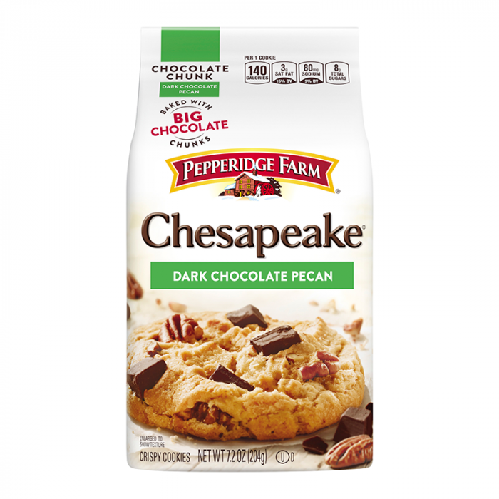 Front of Pepperidge Farm Chesapeake Dark Chocolate Pecan Cookies bag showing the brand logo, cookie image, and dark chocolate pecan flavour (204g pack)