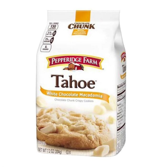 Front of Pepperidge Farm Tahoe White Chocolate Macadamia Cookies bag showing brand logo, cookie image, and flavour details (204g pack)