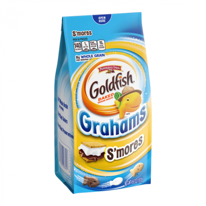 Front of Pepperidge Farm Goldfish Crackers Grahams S'Mores Flavour bag showing logo, s'mores flavour label, and 187g packaging.