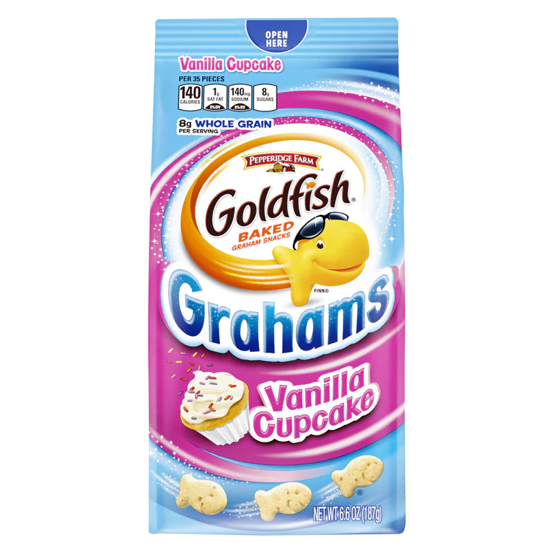 Front of Pepperidge Farm Goldfish Crackers Grahams Vanilla Cupcake Flavour (180g) bag showing logo, flavour, and fun fish-shaped crackers.