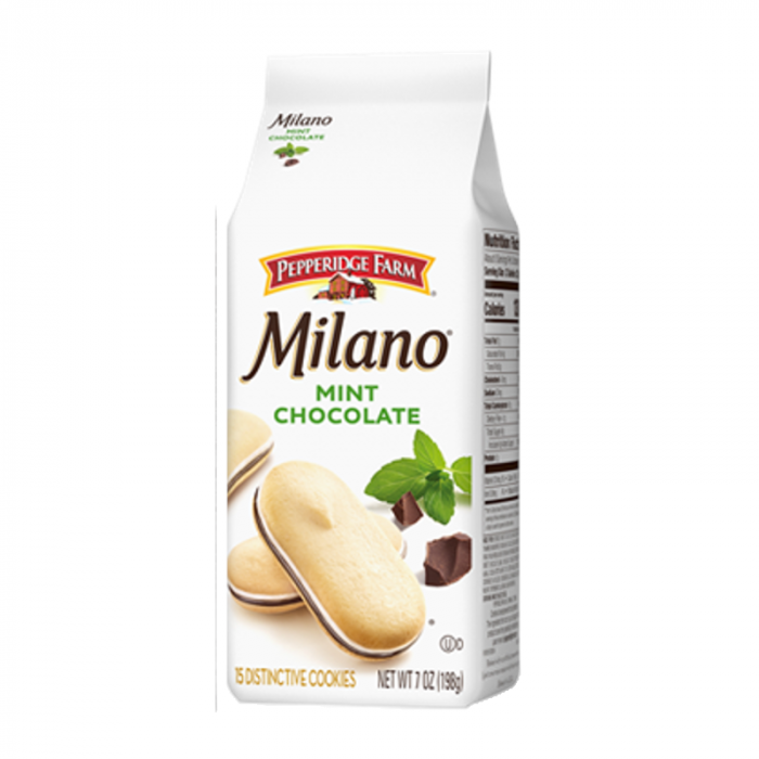 Front of Pepperidge Farm Milano Mint Cookies package showing the logo, mint chocolate flavour label, cookies image, and the 198g pack size
