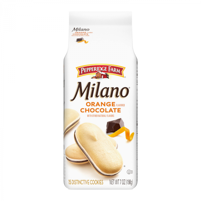 Front of Pepperidge Farm Milano Orange Cookies packaging showing the logo, orange chocolate flavour, and image of the cookies (198g pack)