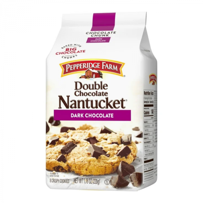 Front of Pepperidge Farm Nantucket Double Dark Chocolate Cookies bag showing brand logo, product name, dark chocolate label, and image of cookies (204g pack)