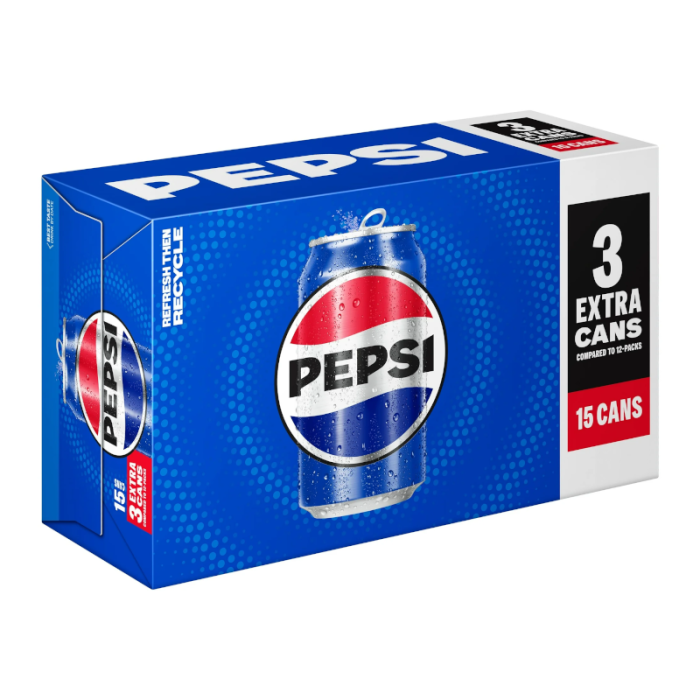 Front of Pepsi Cola (US) case showing the logo, classic cola design, and 15 cans (355ml each) in a visually appealing package.