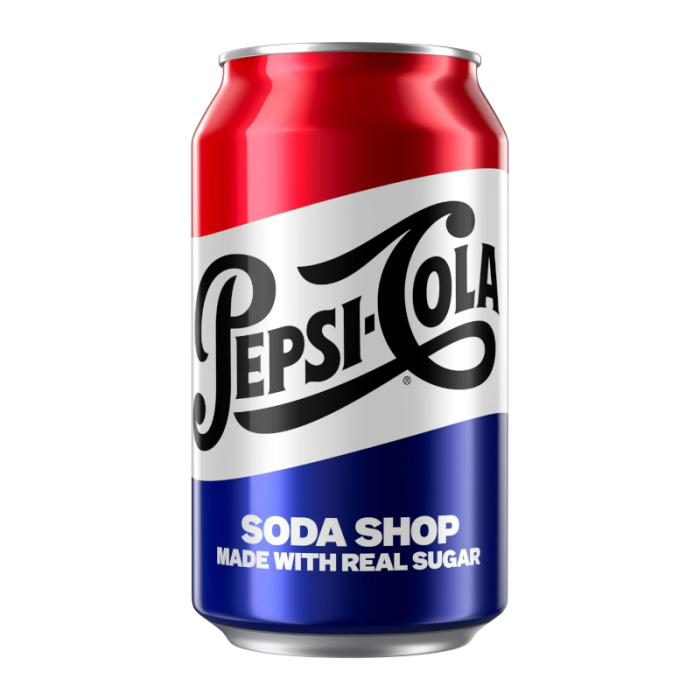 Front of Pepsi Soda Shop With Real Sugar can displaying the classic Pepsi logo and blue, red, and white design (355ml).