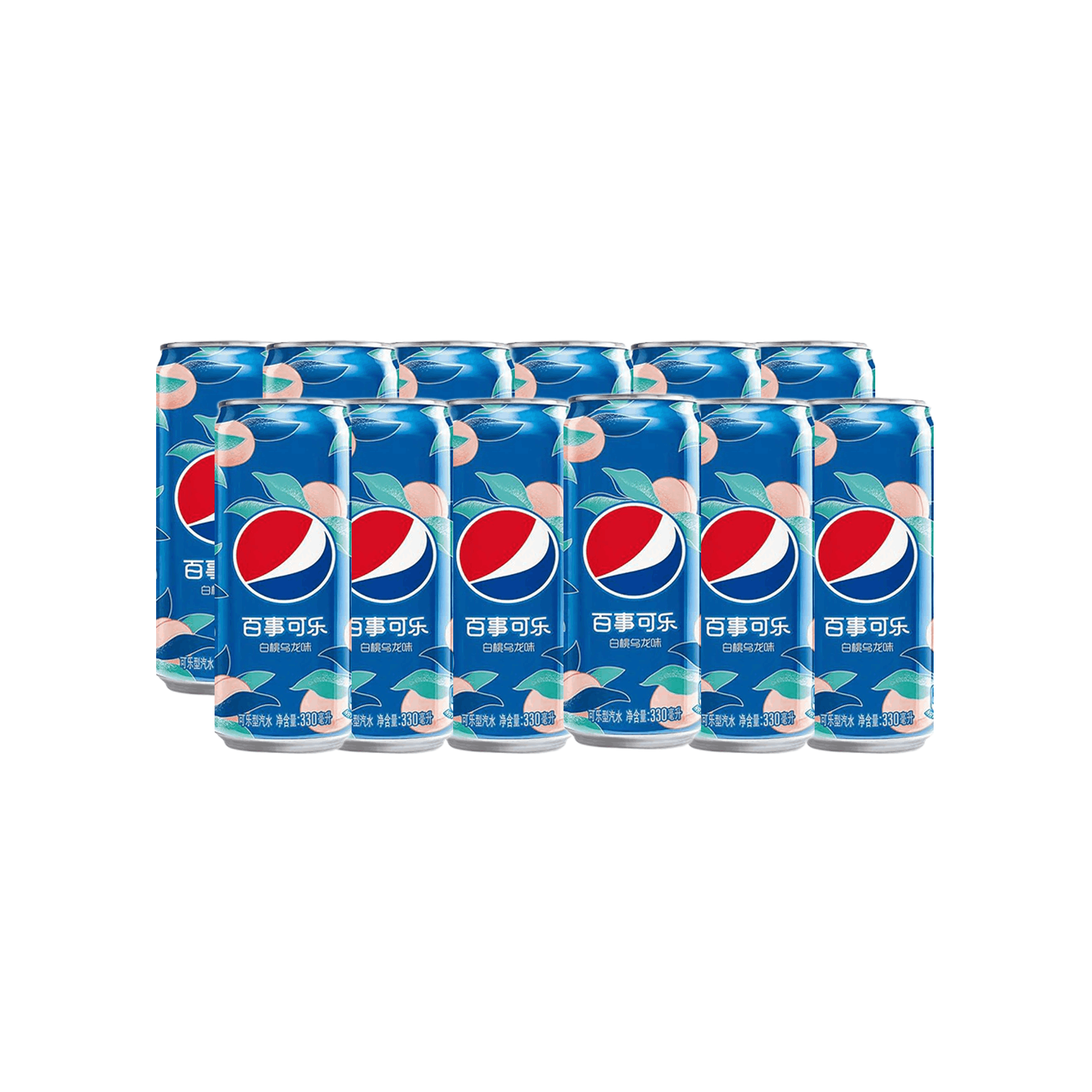 Front of Pepsi White Peach (China) case showing multiple cans with blue design, peach flavour cues, and 330ml size on each can (case of 12).