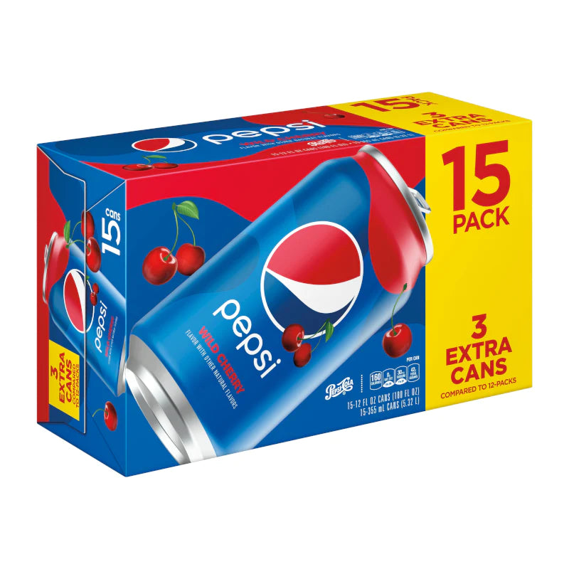 Front of Pepsi Wild Cherry Case of 15 showing logo with cherry graphics and pack size (15 cans of 355ml each)