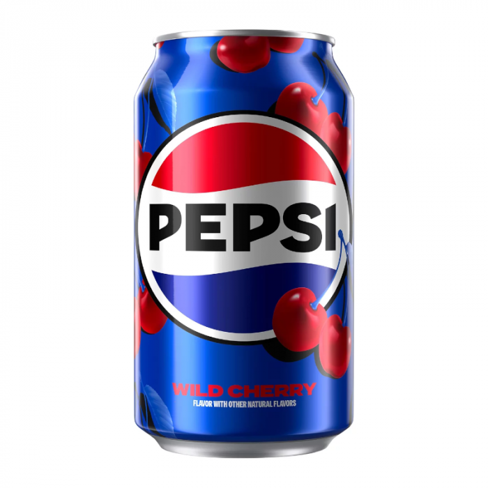 Front of a Pepsi Wild Cherry can featuring the iconic logo, vibrant red cherries, and bold blue design (355ml)