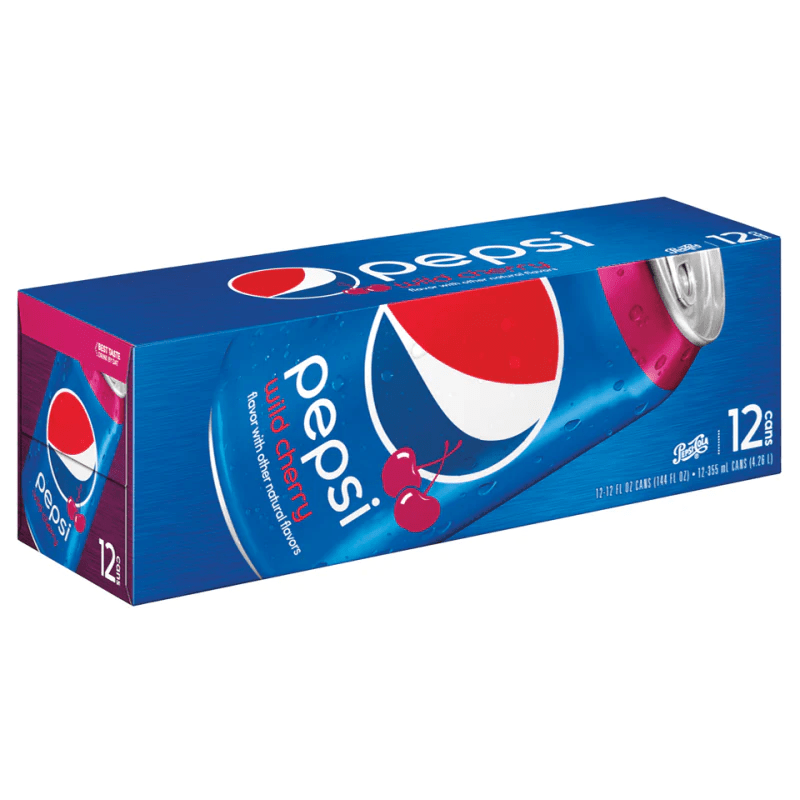 Front of Pepsi Wild Cherry case showing logo, cherry flavour text, and details indicating 12 cans of 355ml each.