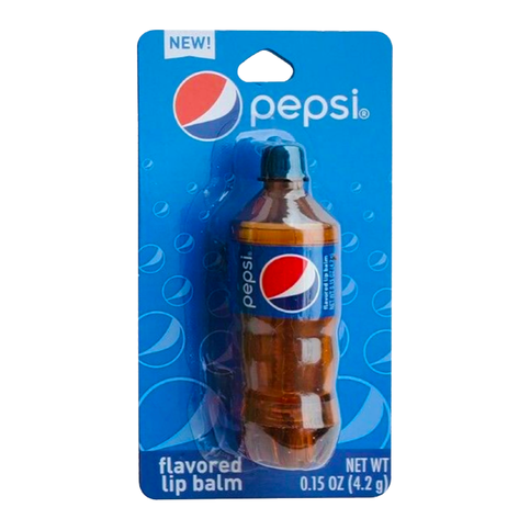 Front of Pepsi Flavoured Lip Balm packaging showing the blue Pepsi logo and a unique bottle-shaped lip balm (4.2g).
