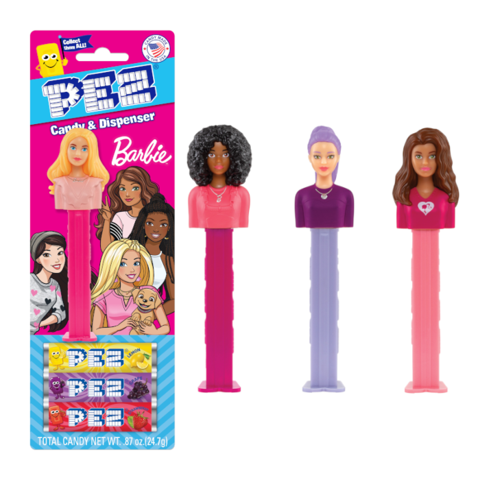 Front of Pez Candy Dispenser Barbie pack showing the pink logo, various Barbie dispensers, and the total candy weight of 24.7g.
