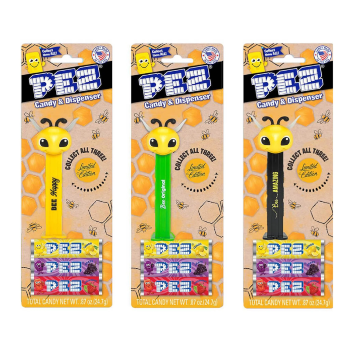 Front of Pez Candy Dispenser Bee Collection showing bee-themed dispensers with three different phrases and colorful Pez candies (24.7g pack)