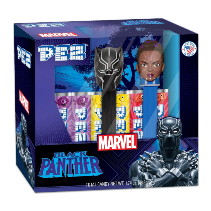 Front of Pez Candy Dispenser Black Panther Gift Set showing character dispensers and candy packs, 49.3g label