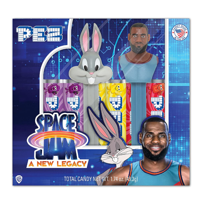 Front of Pez Candy Dispenser Space Jam Gift Set showing iconic character dispensers and logo, with a total weight of 49.3g.