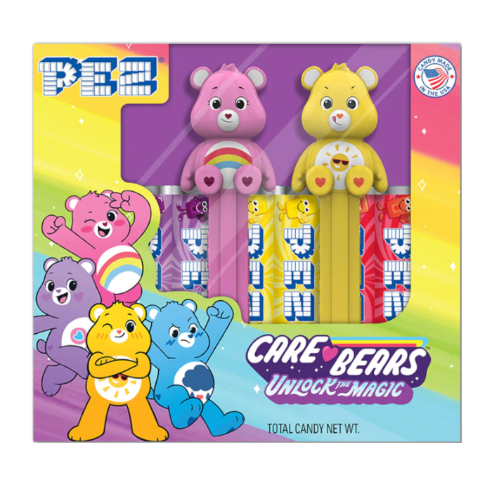 Front of Pez Candy Dispenser Care Bears Gift Set showing colourful dispensers and Care Bears characters (49.3g pack)