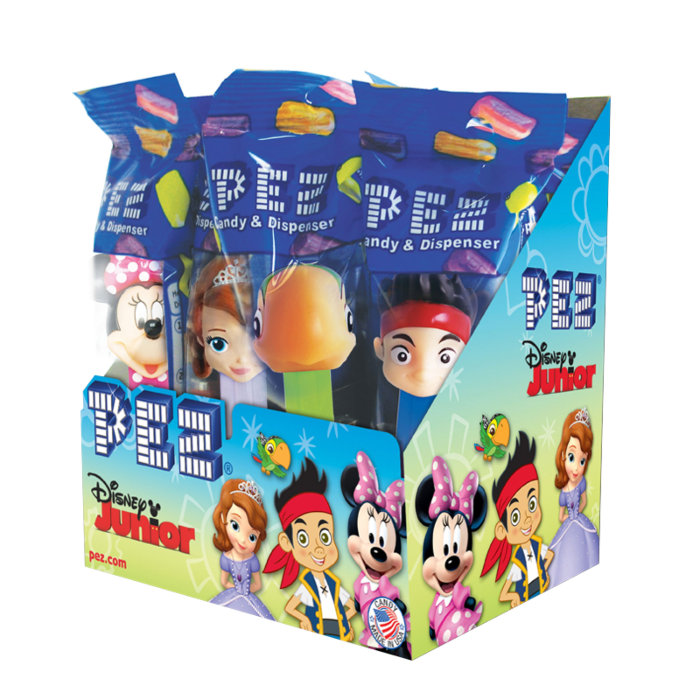 Front of Pez Candy Dispenser Disney Junior Poly Pack showing assorted character dispensers and colourful Pez candy (16.4g pack)