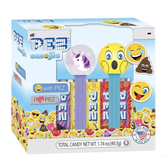 Front of Pez Candy Dispenser Emojis Gift Set showing colourful emoji designs, two dispensers, and candy packs (49.3g)