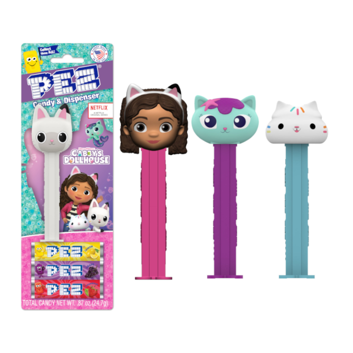Front of Pez Candy Dispenser Gabby's Dollhouse package showing colourful characters and candy (24.7g)