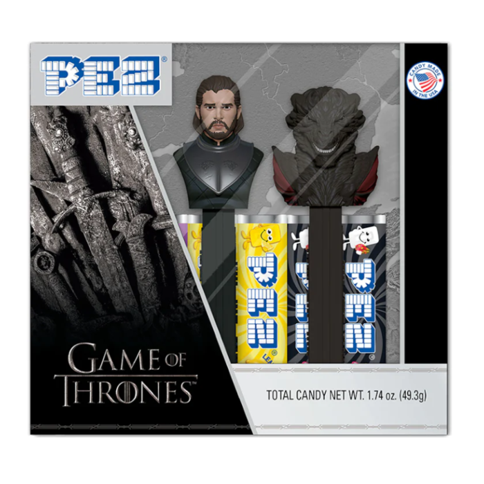Front of Pez Candy Dispenser Game of Thrones showing characters and Pez dispensers with logo and total weight of 49.3g.