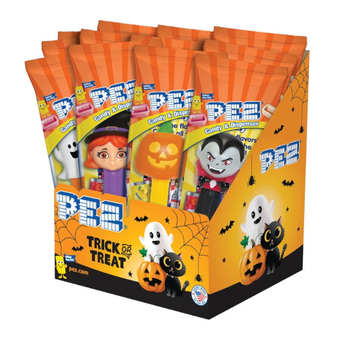 Front of Pez Candy Dispenser Halloween Poly Pack showing multiple character dispensers, featuring Halloween-themed designs (24.7g pack)