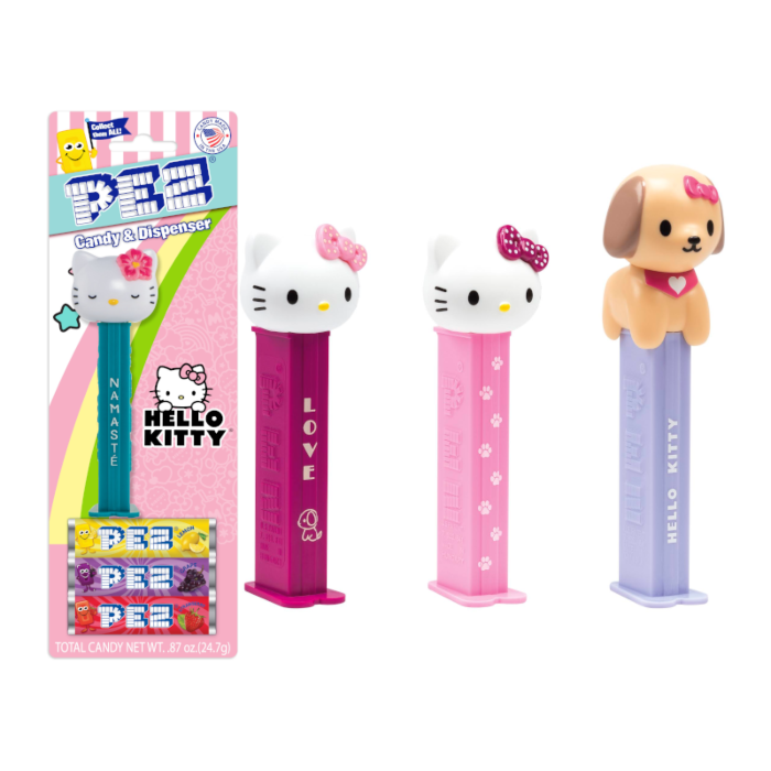 Front of Pez Candy Dispenser Hello Kitty showing Hello Kitty character, colourful Pez candy dispensers, and 24.7g total candy label