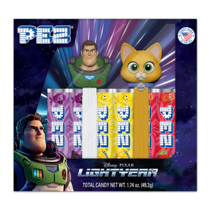 Front of Pez Candy Dispenser Buzz Lightyear Gift Set showing Buzz Lightyear dispenser, colourful candy packs, and total candy weight (49.3g)