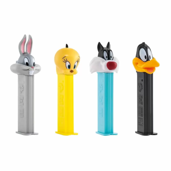 Front of Pez Candy Dispenser Looney Tunes Poly Pack showing four character dispensers with vibrant designs (24.7g pack)