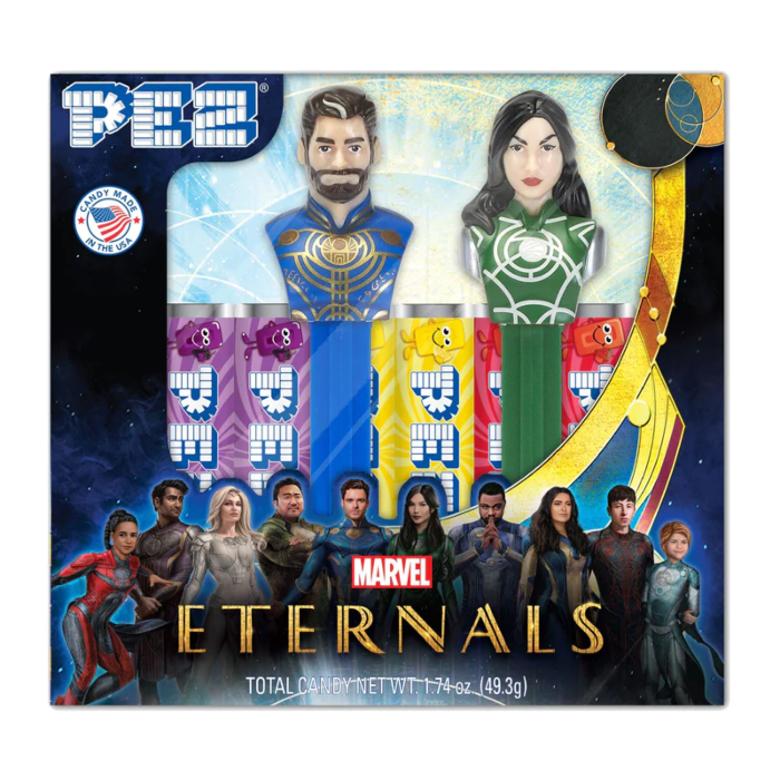 Front of Pez Candy Dispenser Marvel's Eternals Gift Set showing collectible dispensers featuring characters and total weight of 49.3g
