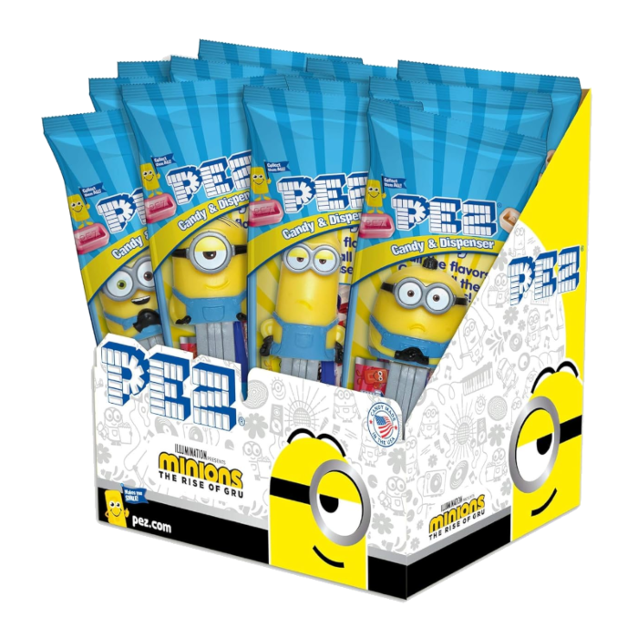 Front of Pez Candy Dispenser Minions Poly Pack showing colourful Minions-themed candy dispensers and vibrant packaging (24.7g pack)