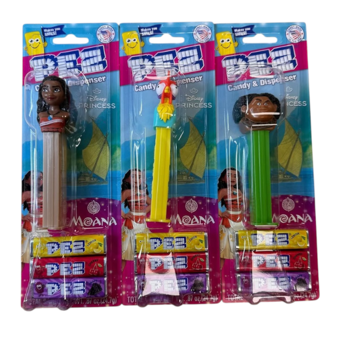 Front of Pez Candy Dispenser Moana packaging showing Moana character design, colourful background, and 24.7g pack size