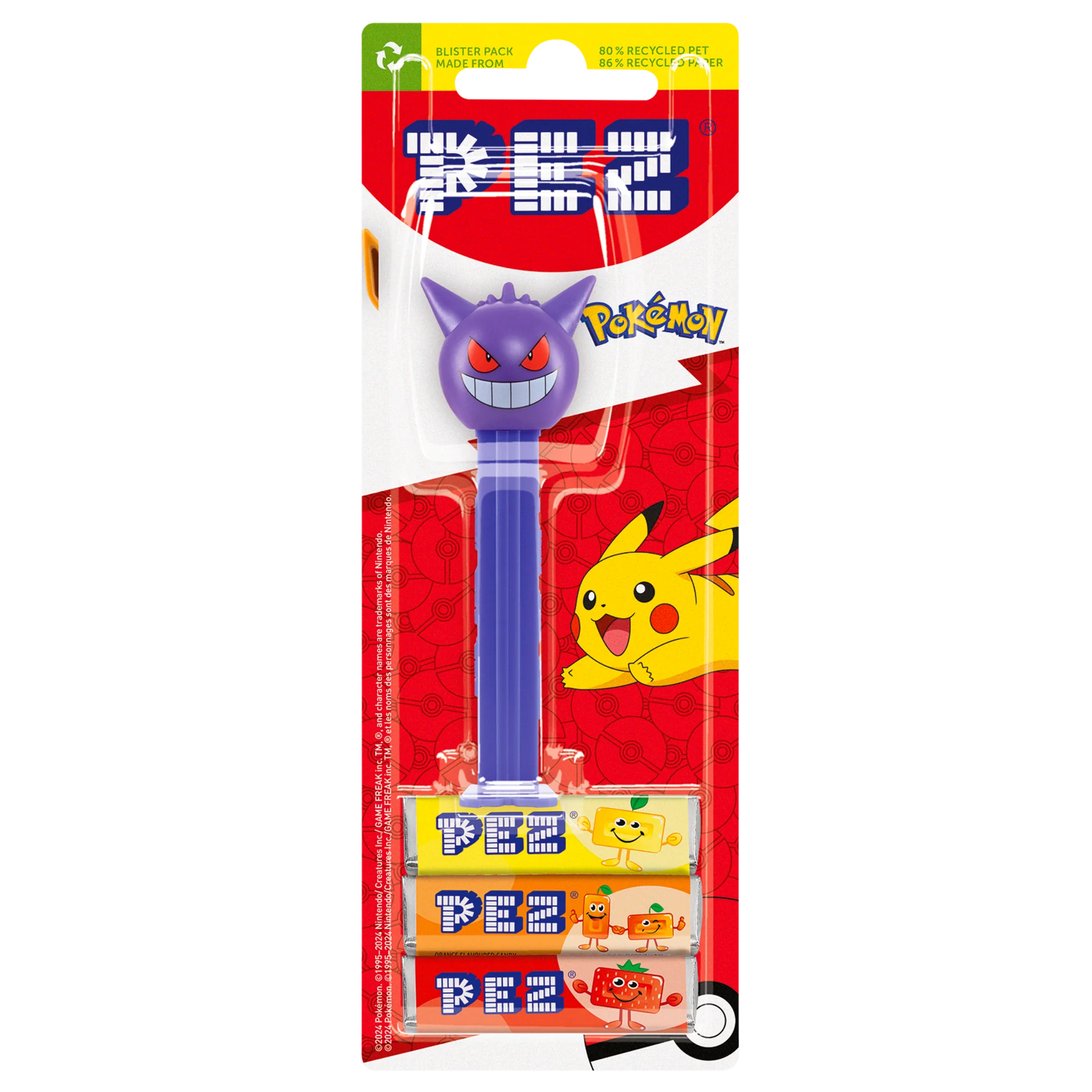 Front of PEZ Pokémon Gengar Pack featuring Gengar dispenser and assorted PEZ candies (24.7g pack)