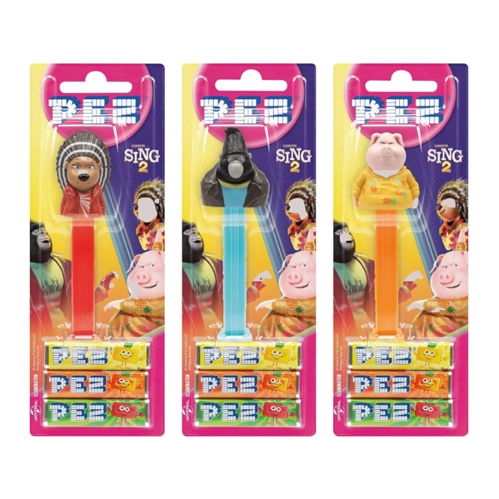 Front of Pez Candy Dispenser Sing 2 featuring colourful characters and logo on packaging (24.7g)